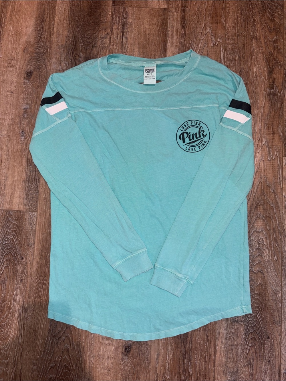 PINK Victoria's Secret Teal Long-Sleeve Crew with Sleeve Stripes